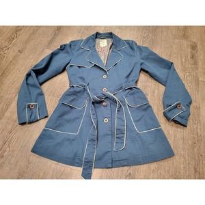 Anthropologie Tulle Belted Jacket Dark Blue Trench Style Coat Medium runs small